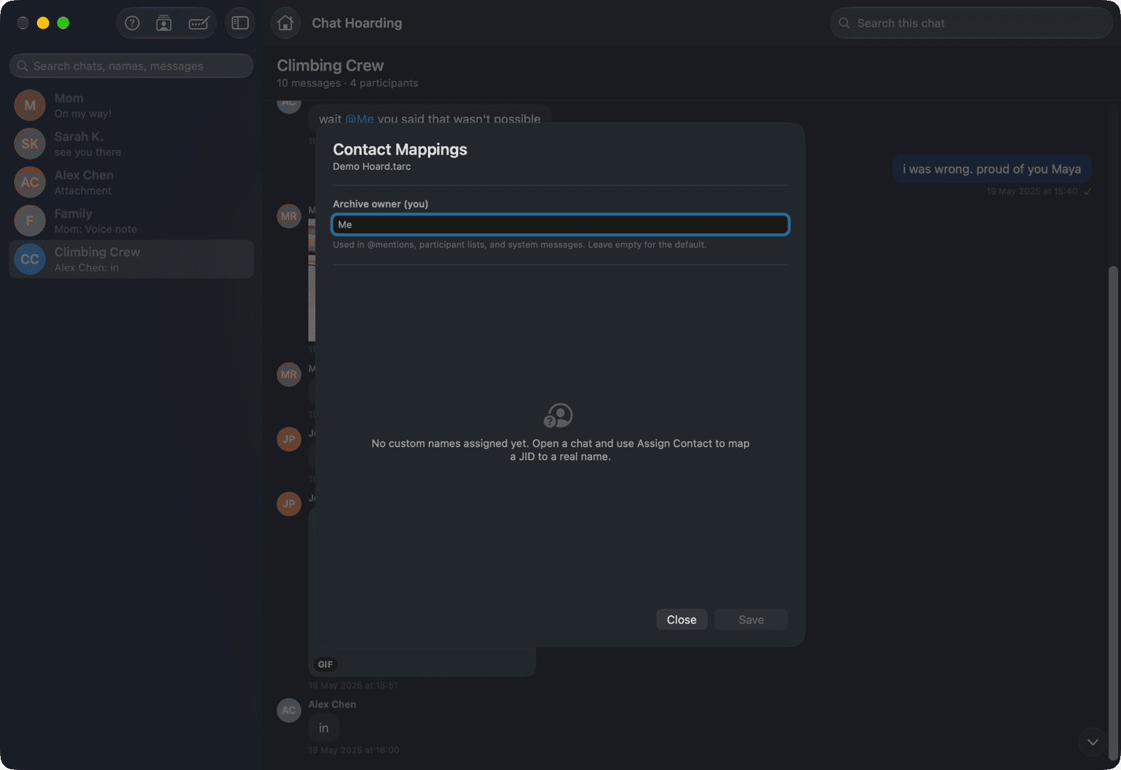 The Contact Mappings sheet in Chat Hoarding for Mac with the Archive owner (you) field at the top and an empty list waiting for names you assign
