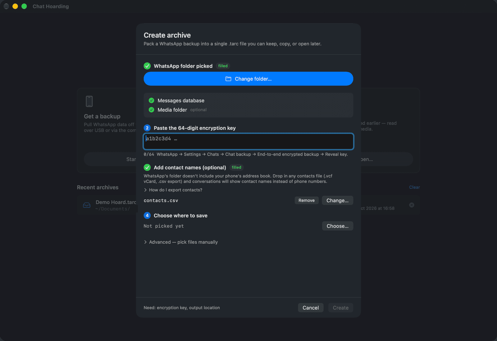 The Create archive sheet in Chat Hoarding for Mac with step 3, Add contact names (optional), showing contacts.csv attached with Remove and Change… buttons beside it