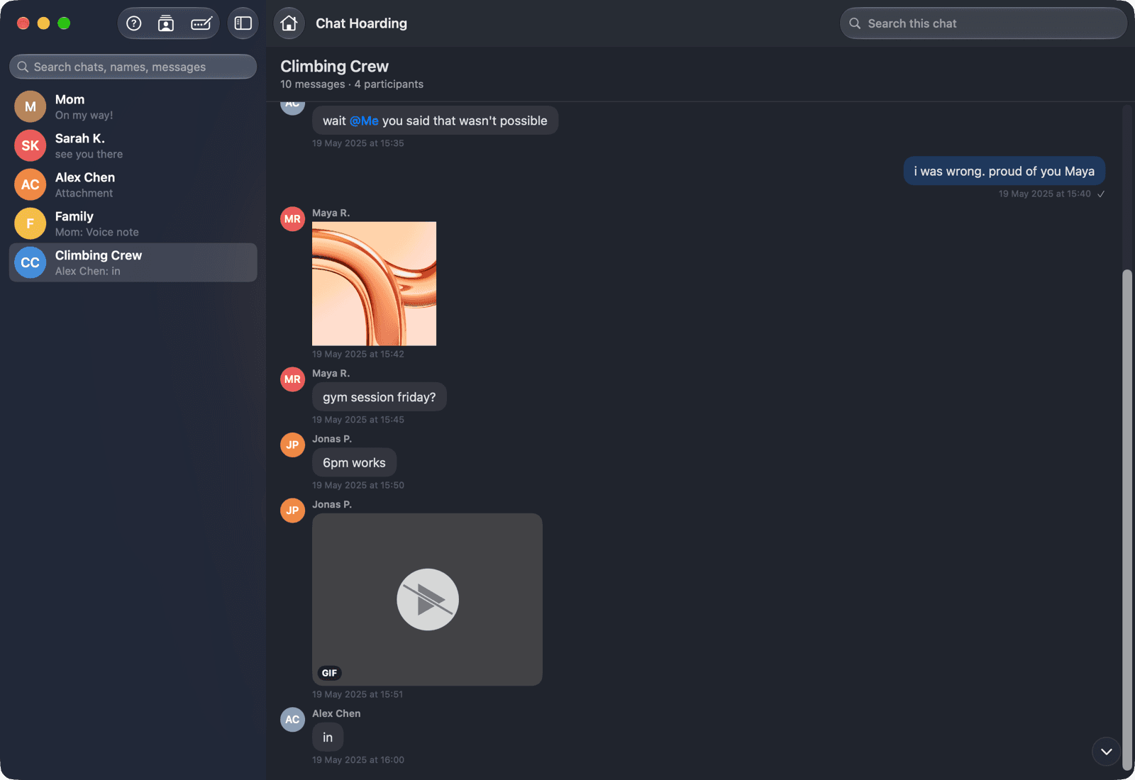 Chat Hoarding for Mac showing the Climbing Crew group chat, with every sender shown by name because a contacts file was attached