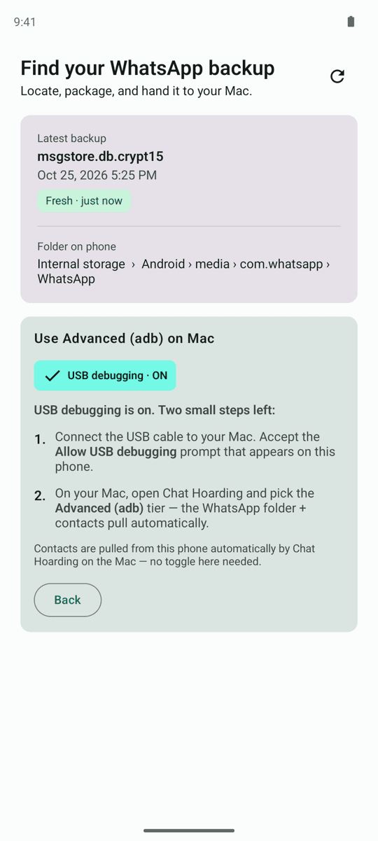 Chat Hoarding for Android screen titled Use Advanced (adb) on Mac showing a USB debugging ON status chip and two numbered steps: connect the cable and pick the Advanced tier on the Mac