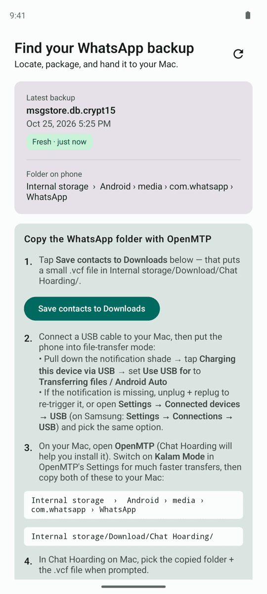 Chat Hoarding for Android screen titled Copy the WhatsApp folder with OpenMTP, with numbered steps, a Save contacts to Downloads button and the two folder paths to copy