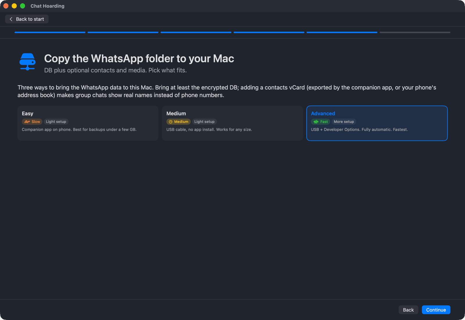 Chat Hoarding for Mac onboarding step titled Copy the WhatsApp folder to your Mac, with three tier cards: Easy, Medium and Advanced, each showing a speed chip and a setup chip