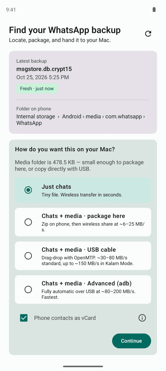 Chat Hoarding for Android showing the latest WhatsApp backup card with file name, date, a Fresh freshness chip, and the question How do you want this on your Mac with transfer options
