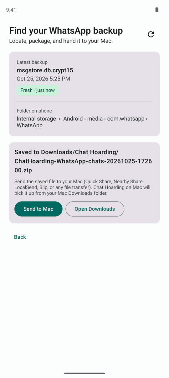 Chat Hoarding for Android saved banner reading Saved to Downloads/Chat Hoarding, with a hint to send the file using Quick Share, Nearby Share, LocalSend or Blip, and the buttons Send to Mac and Open Downloads