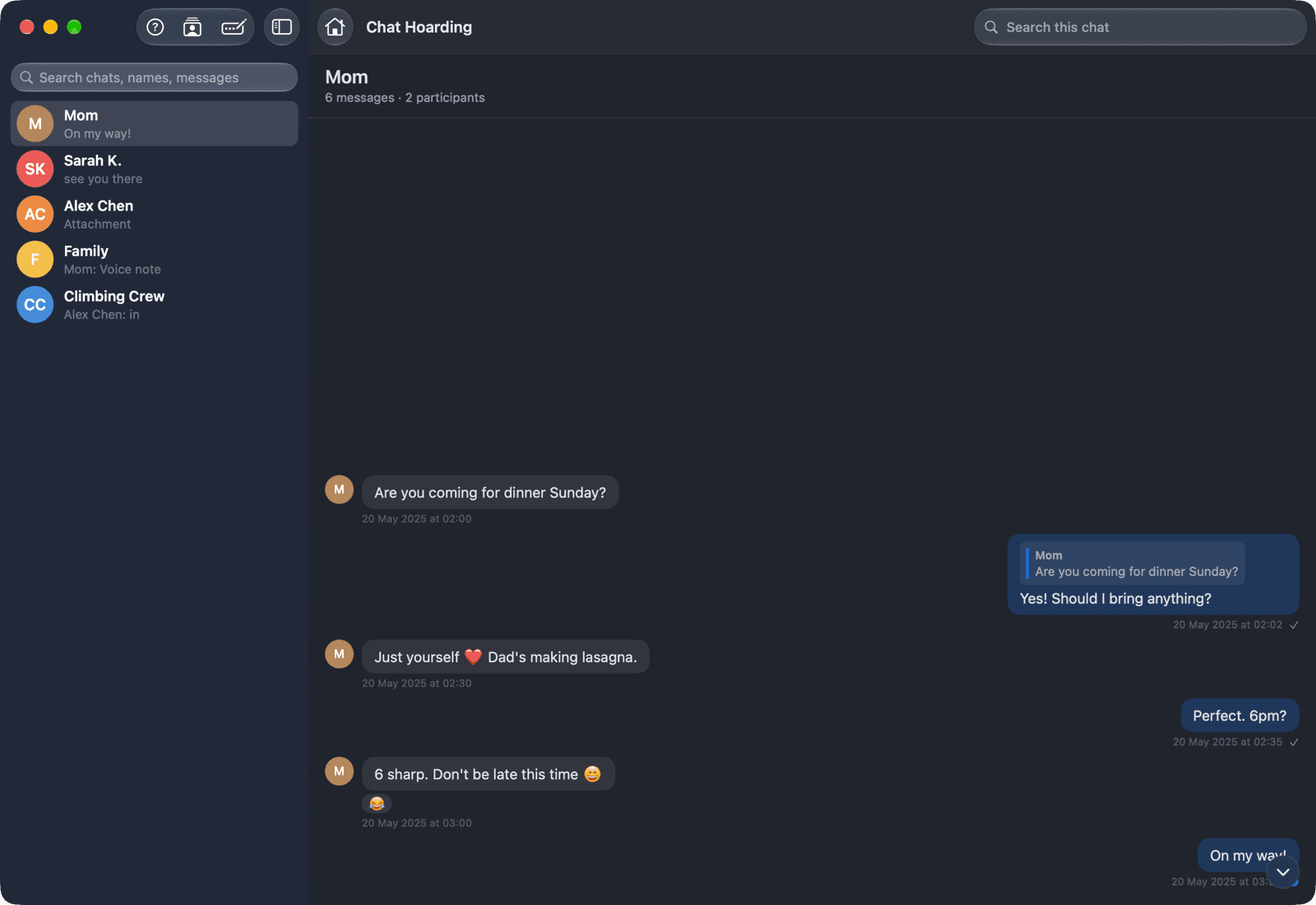 Chat Hoarding for Mac showing a decrypted WhatsApp archive with a conversation list including Mom, Sarah K., Alex Chen, Family and Climbing Crew, and the Mom chat open