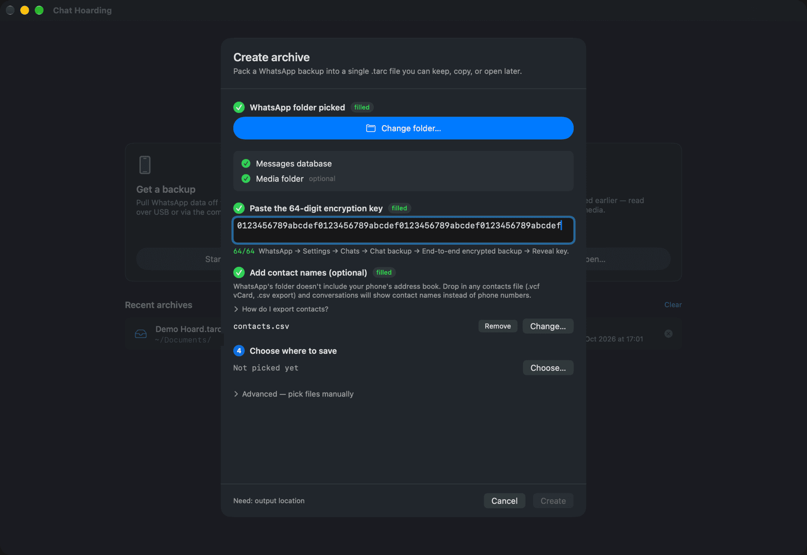 Chat Hoarding for Mac Create archive sheet with the WhatsApp folder picked, the messages database detected, and a 64-digit encryption key entered showing 64/64