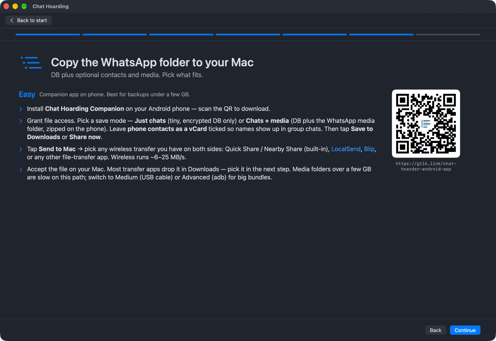 Chat Hoarding for Mac onboarding screen showing the Easy transfer tier with step-by-step instructions and a QR code to download the Android companion app