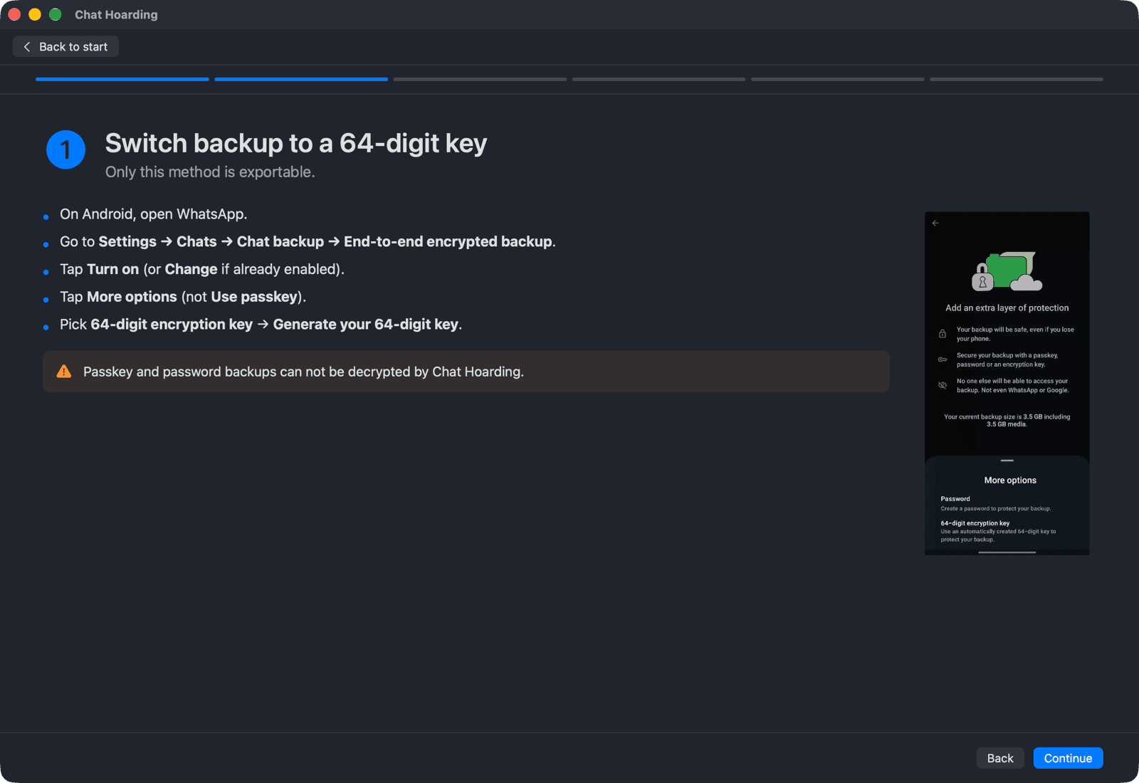Chat Hoarding for Mac onboarding step titled Switch backup to a 64-digit key, listing the WhatsApp menu path and a warning that passkey and password backups can't be decrypted